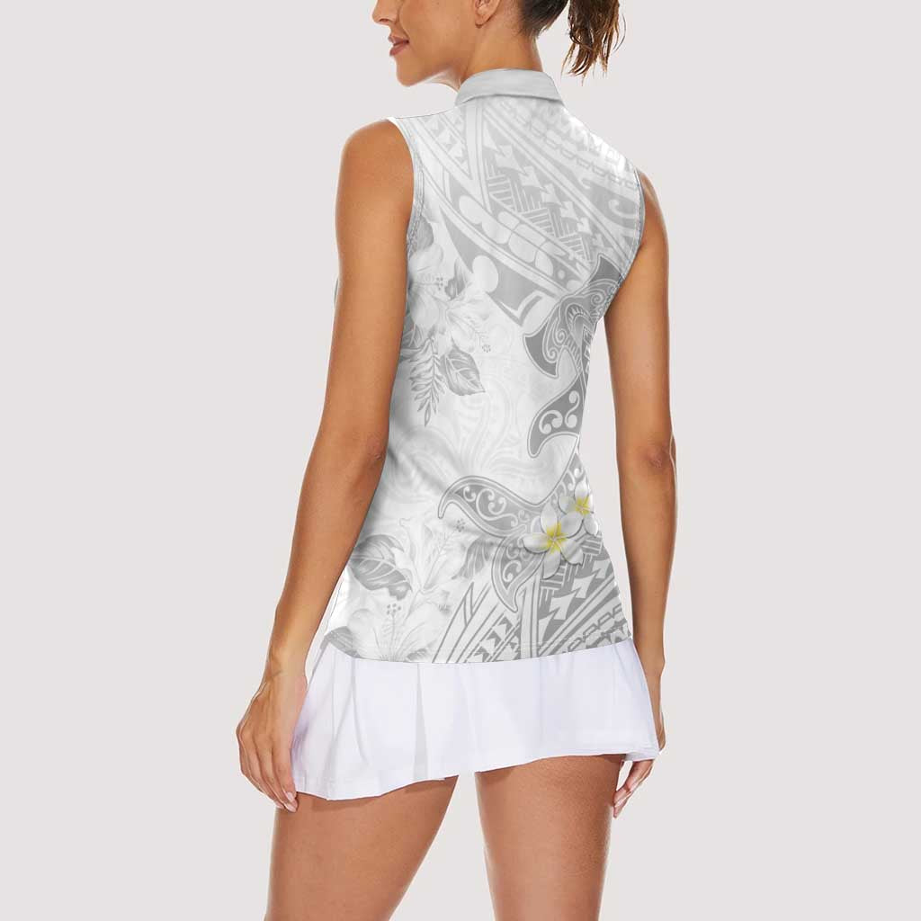 Polynesia Hammerhead Shark Women Sleeveless Polo Shirt Tropical Flowers Tribal Pattern White