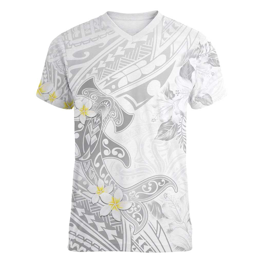 Polynesia Hammerhead Shark Women V-Neck T-Shirt Tropical Flowers Tribal Pattern White