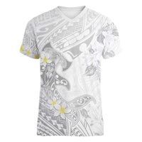Polynesia Hammerhead Shark Women V-Neck T-Shirt Tropical Flowers Tribal Pattern White