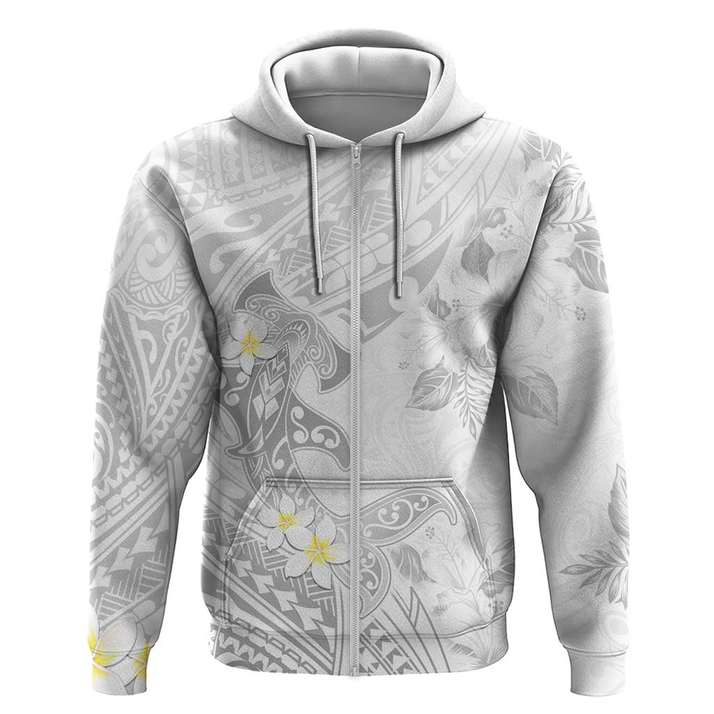 Polynesia Hammerhead Shark Zip Hoodie Tropical Flowers Tribal Pattern White