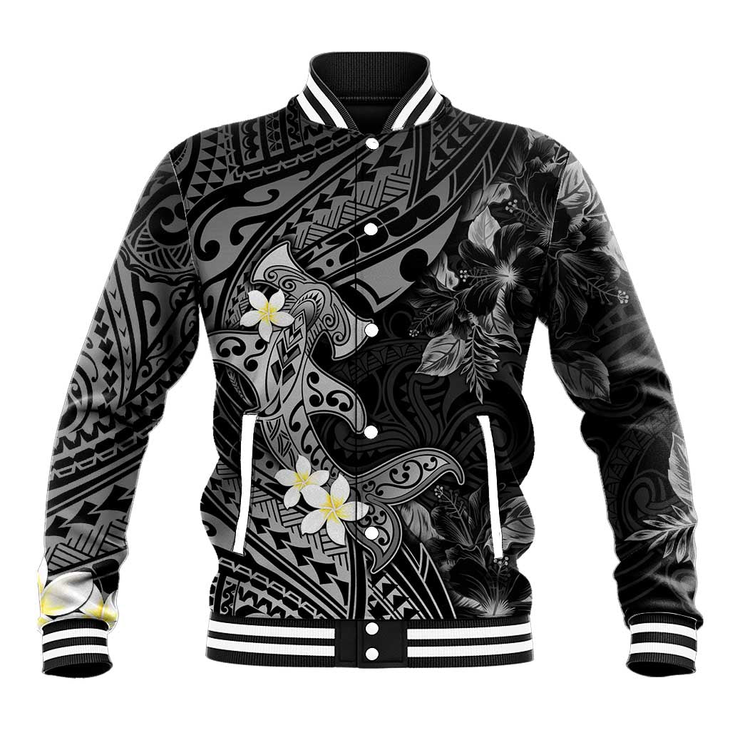 Polynesia Hammerhead Shark Baseball Jacket Tropical Flowers Tribal Pattern Black LT05 Unisex Black - Polynesian Pride