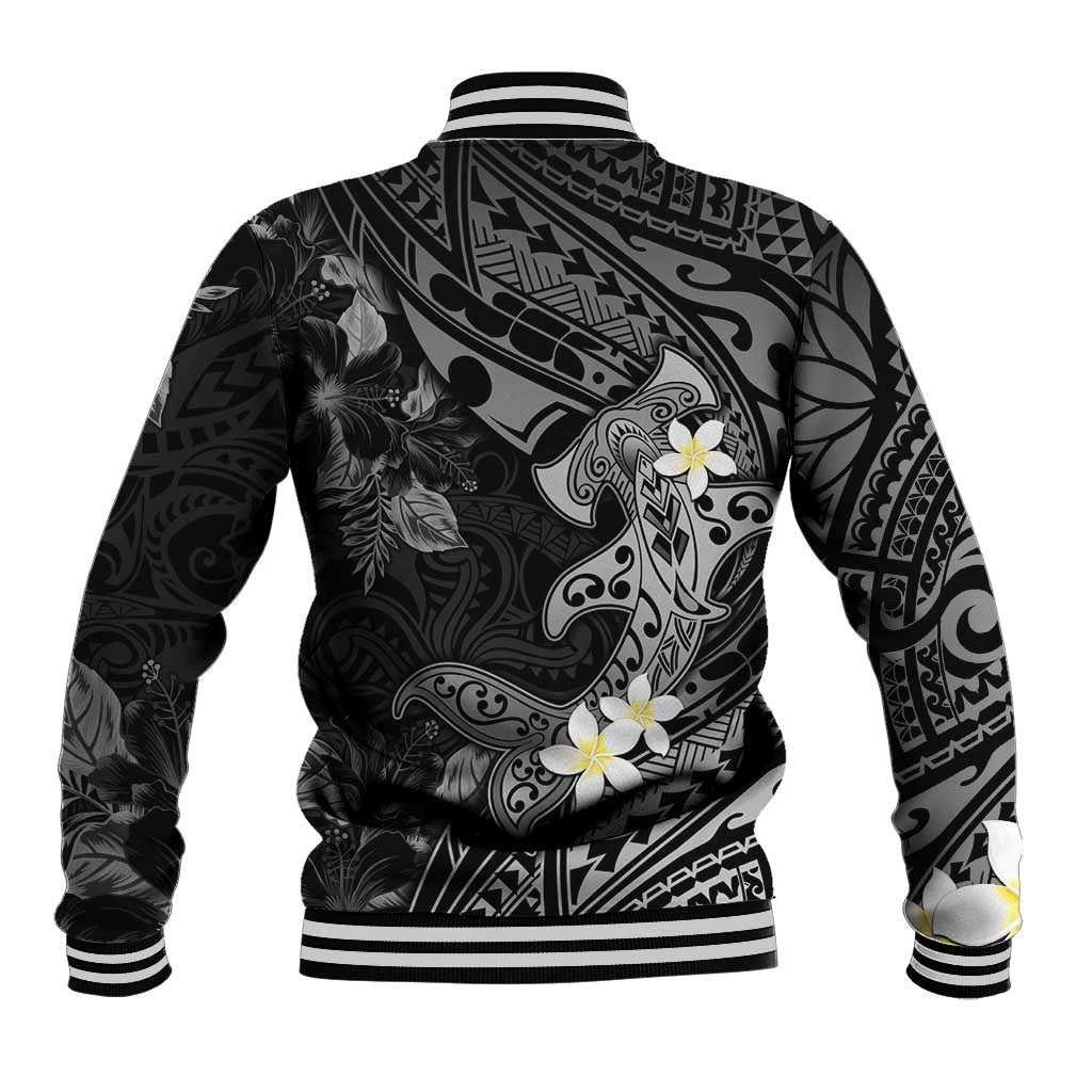Polynesia Hammerhead Shark Baseball Jacket Tropical Flowers Tribal Pattern Black LT05 - Polynesian Pride