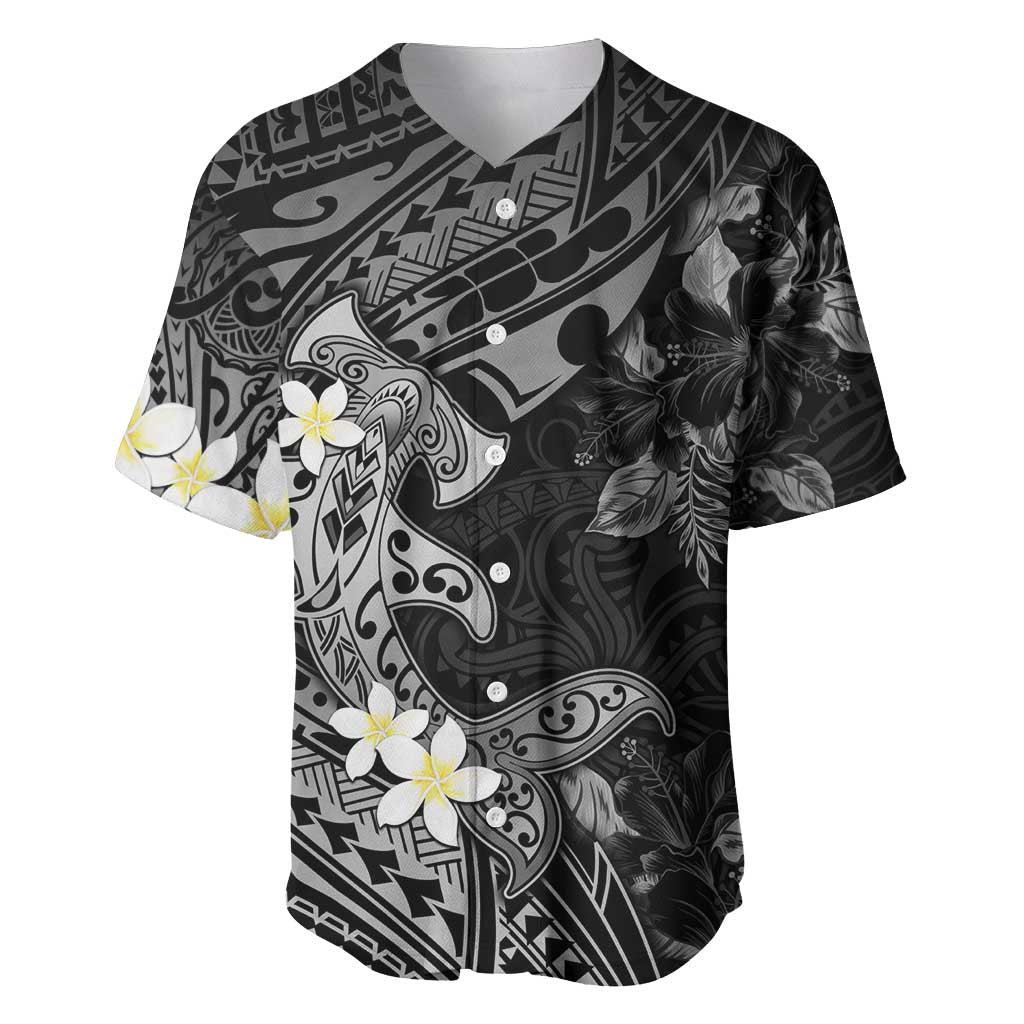 Polynesia Hammerhead Shark Baseball Jersey Tropical Flowers Tribal Pattern Black