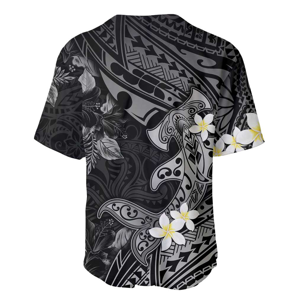 Polynesia Hammerhead Shark Baseball Jersey Tropical Flowers Tribal Pattern Black