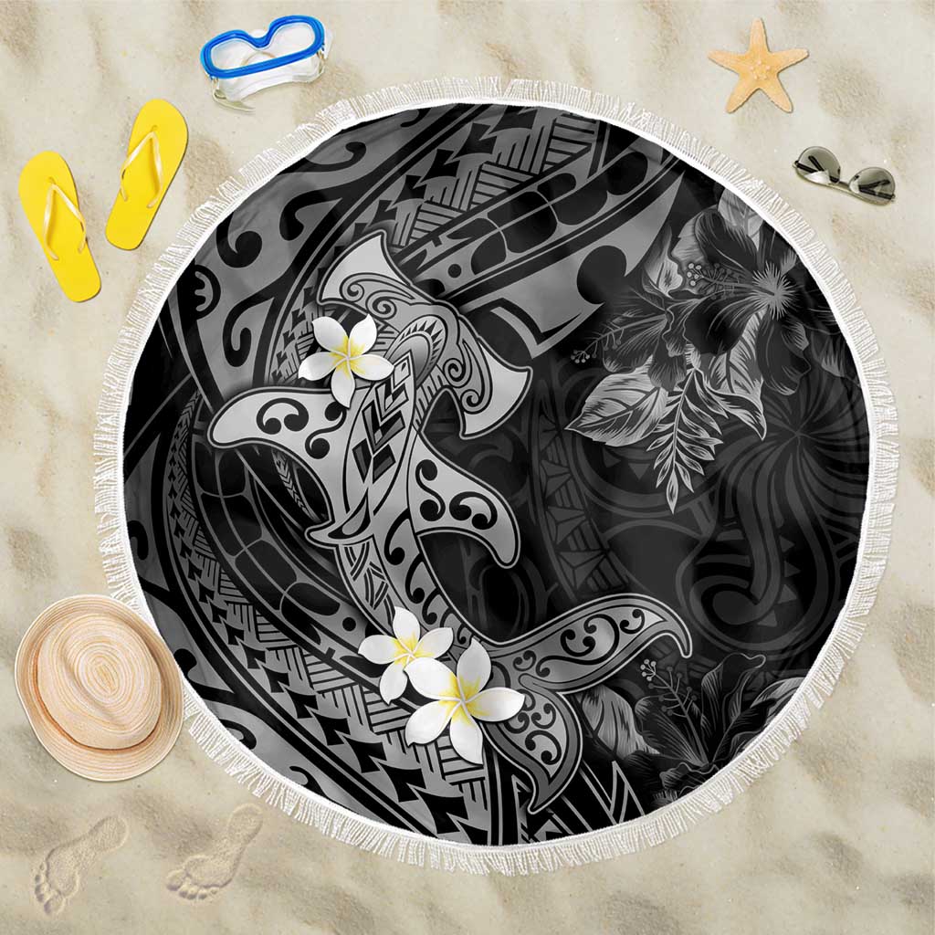 Polynesia Hammerhead Shark Beach Blanket Tropical Flowers Tribal Pattern Black