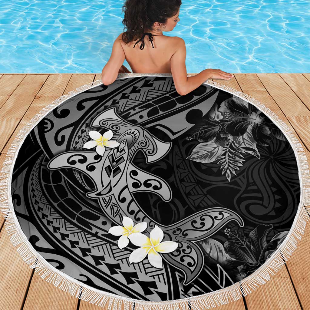 Polynesia Hammerhead Shark Beach Blanket Tropical Flowers Tribal Pattern Black LT05 - Polynesian Pride