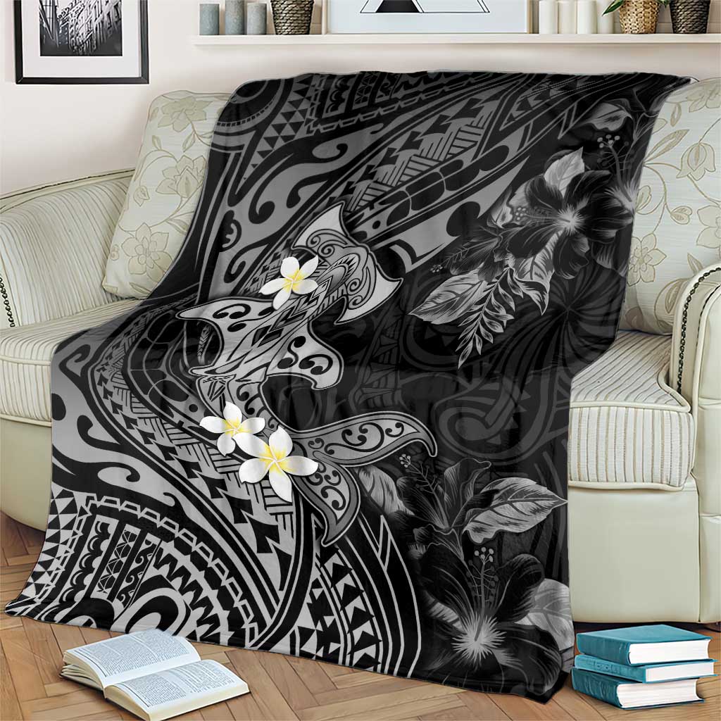 Polynesia Hammerhead Shark Blanket Tropical Flowers Tribal Pattern Black LT05 - Polynesian Pride