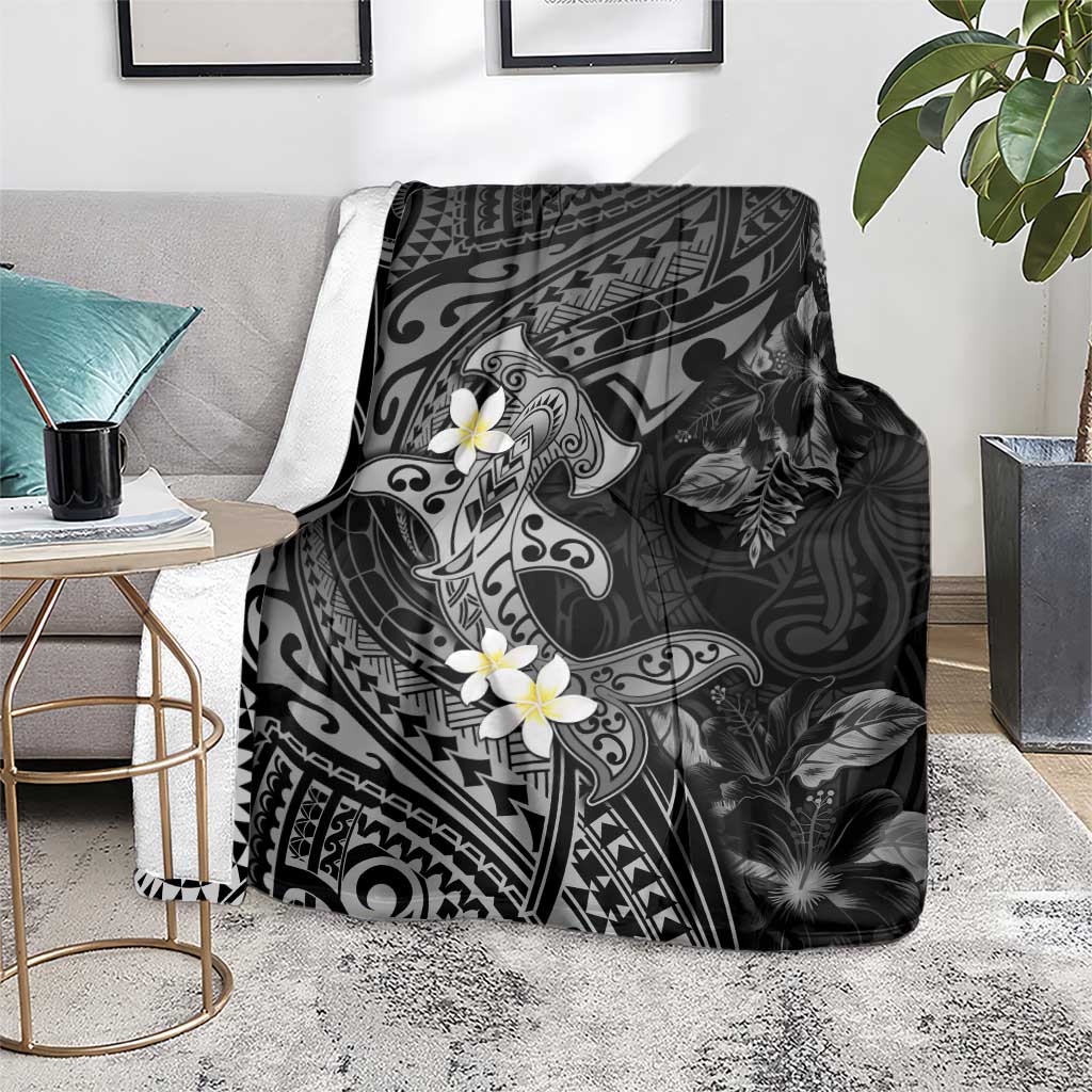 Polynesia Hammerhead Shark Blanket Tropical Flowers Tribal Pattern Black LT05 - Polynesian Pride