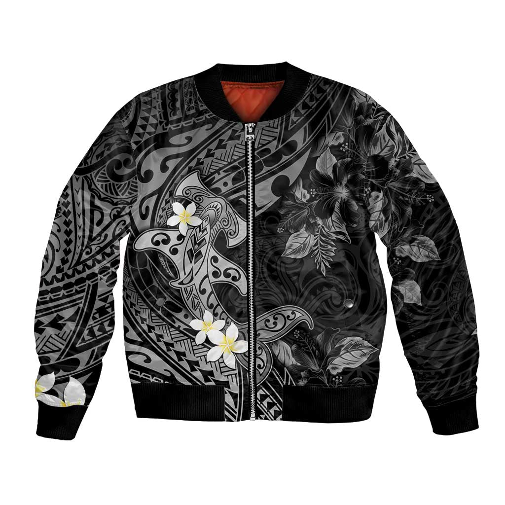 Polynesia Hammerhead Shark Bomber Jacket Tropical Flowers Tribal Pattern Black