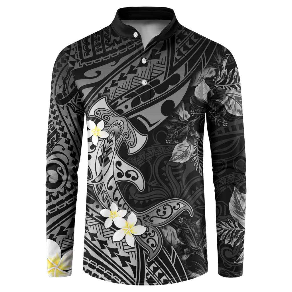 Polynesia Hammerhead Shark Button Sweatshirt Tropical Flowers Tribal Pattern Black