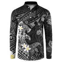 Polynesia Hammerhead Shark Button Sweatshirt Tropical Flowers Tribal Pattern Black