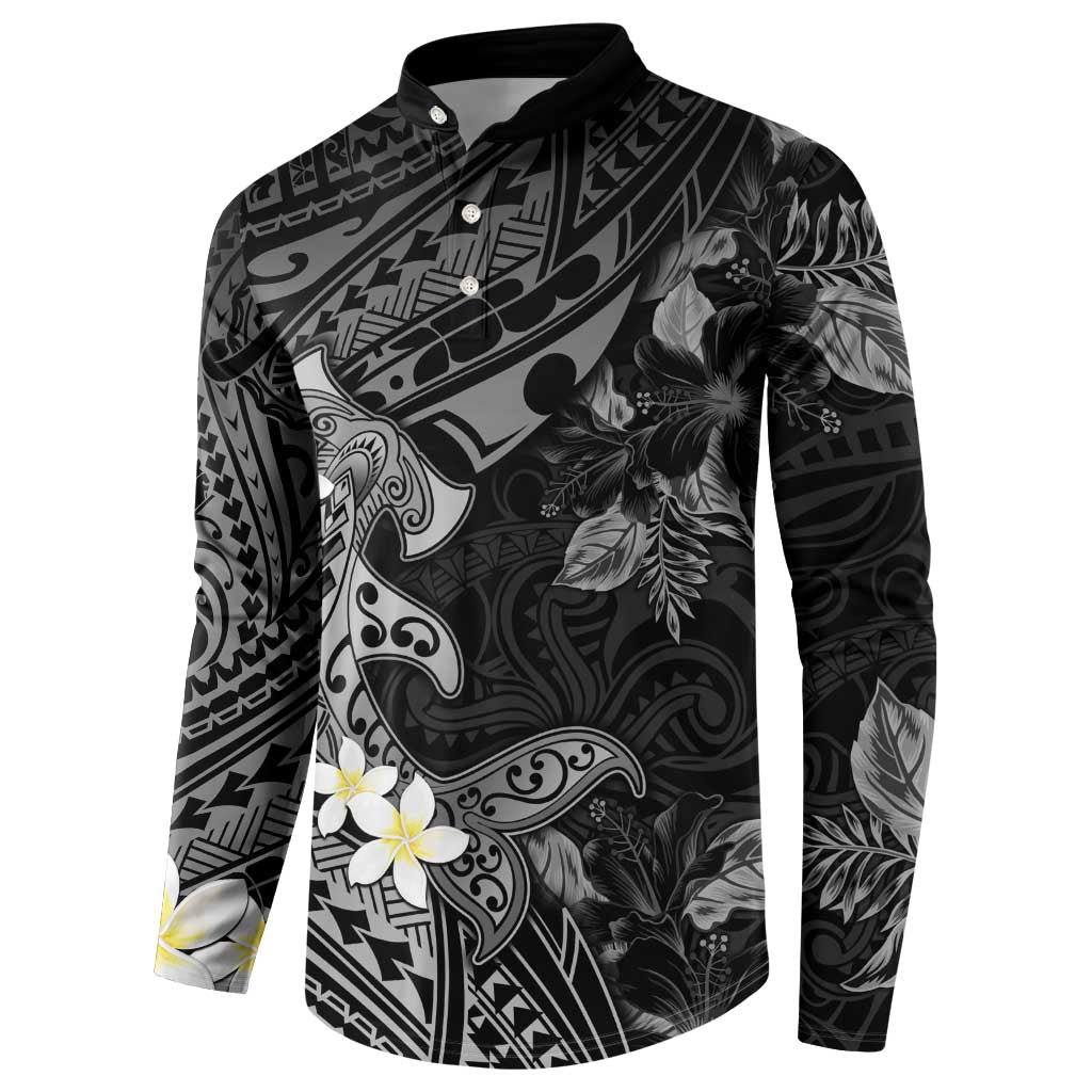 Polynesia Hammerhead Shark Button Sweatshirt Tropical Flowers Tribal Pattern Black