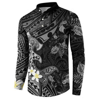 Polynesia Hammerhead Shark Button Sweatshirt Tropical Flowers Tribal Pattern Black