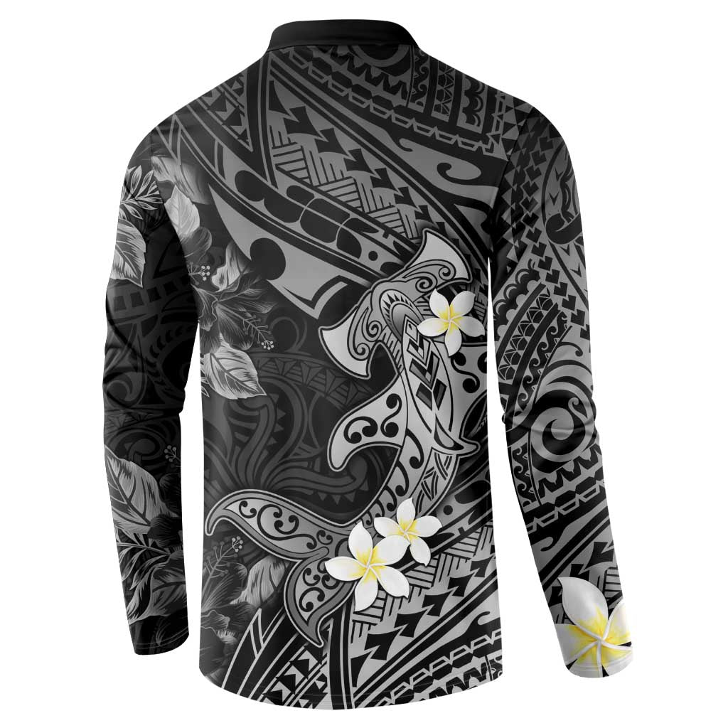 Polynesia Hammerhead Shark Button Sweatshirt Tropical Flowers Tribal Pattern Black