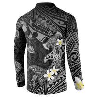 Polynesia Hammerhead Shark Button Sweatshirt Tropical Flowers Tribal Pattern Black