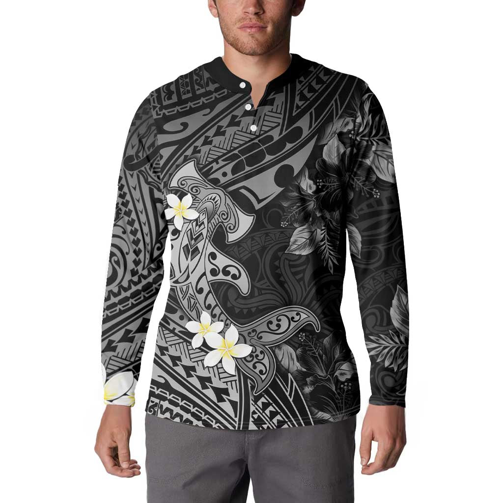 Polynesia Hammerhead Shark Button Sweatshirt Tropical Flowers Tribal Pattern Black