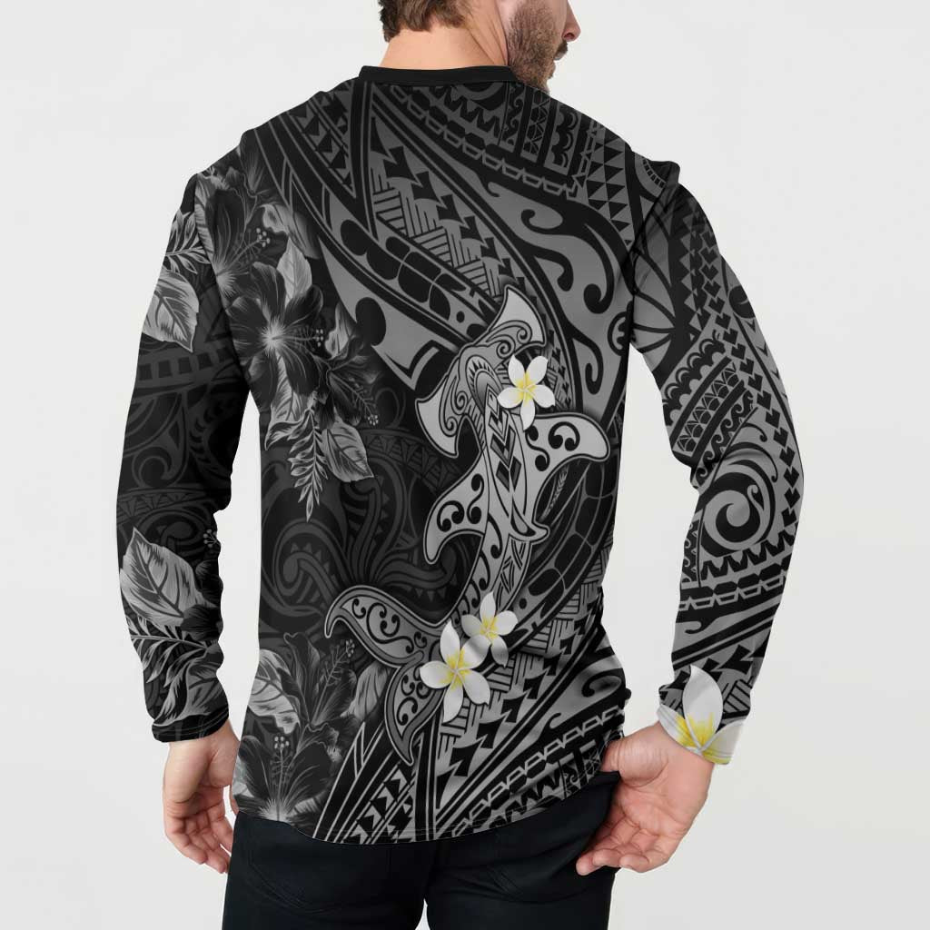 Polynesia Hammerhead Shark Button Sweatshirt Tropical Flowers Tribal Pattern Black
