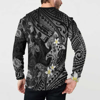 Polynesia Hammerhead Shark Button Sweatshirt Tropical Flowers Tribal Pattern Black