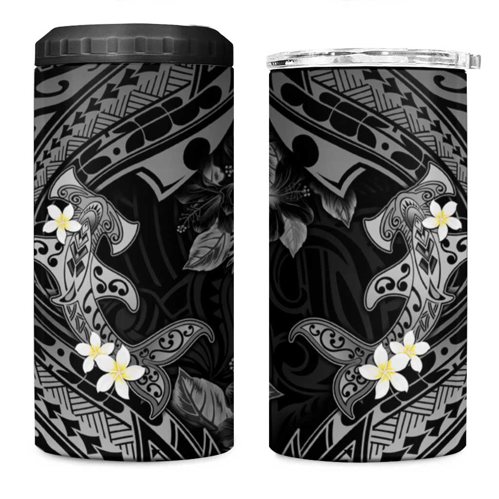 Polynesia Hammerhead Shark 4 in 1 Can Cooler Tumbler Tropical Flowers Tribal Pattern Black
