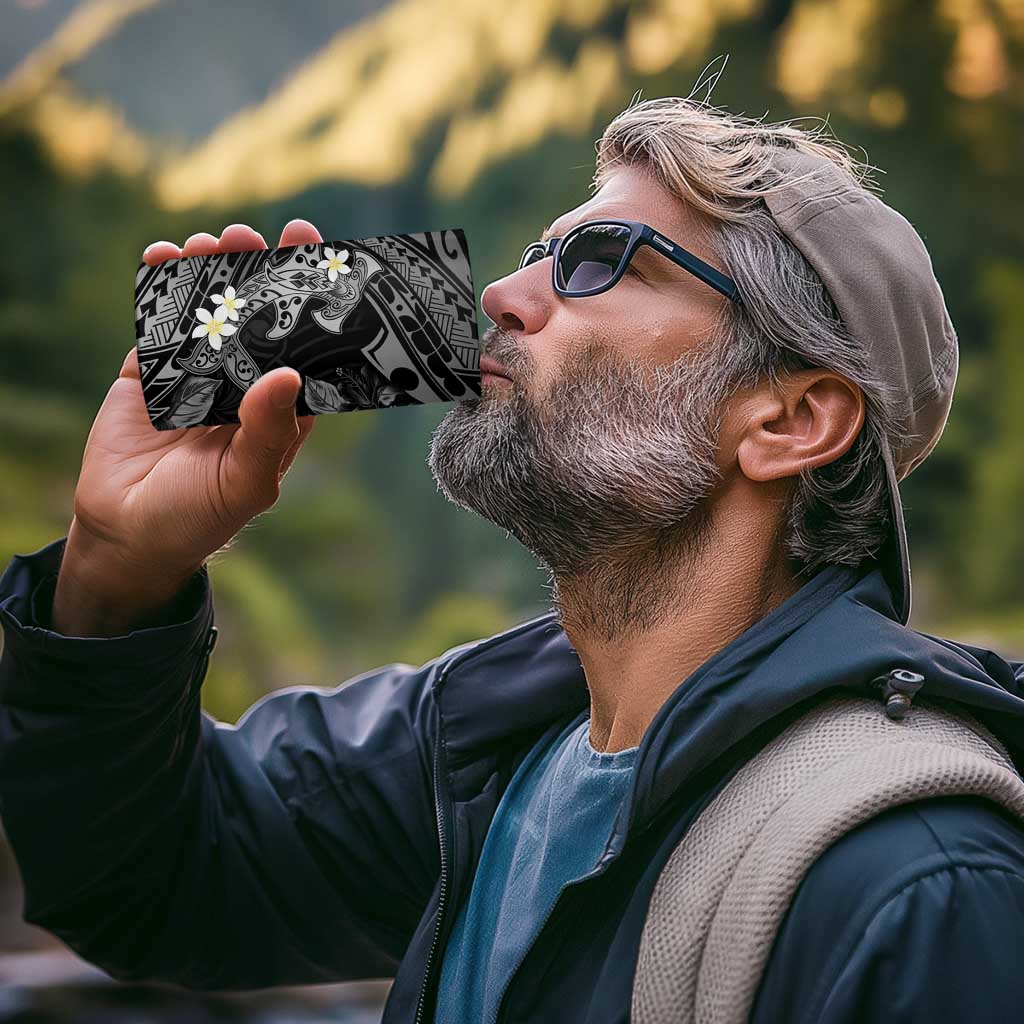 Polynesia Hammerhead Shark 4 in 1 Can Cooler Tumbler Tropical Flowers Tribal Pattern Black