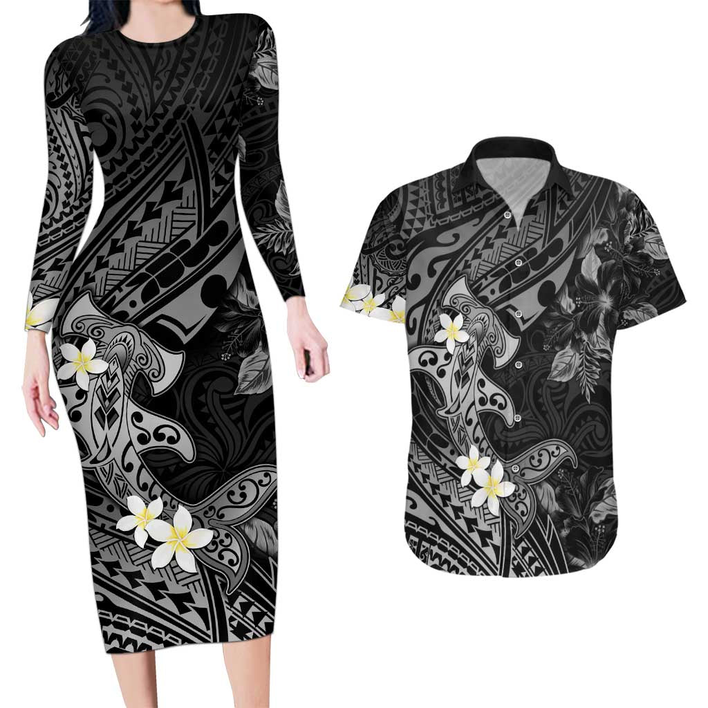 Polynesia Hammerhead Shark Couples Matching Long Sleeve Bodycon Dress and Hawaiian Shirt Tropical Flowers Tribal Pattern Black