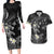 Polynesia Hammerhead Shark Couples Matching Long Sleeve Bodycon Dress and Hawaiian Shirt Tropical Flowers Tribal Pattern Black