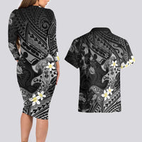 Polynesia Hammerhead Shark Couples Matching Long Sleeve Bodycon Dress and Hawaiian Shirt Tropical Flowers Tribal Pattern Black LT05 - Polynesian Pride
