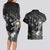 Polynesia Hammerhead Shark Couples Matching Long Sleeve Bodycon Dress and Hawaiian Shirt Tropical Flowers Tribal Pattern Black