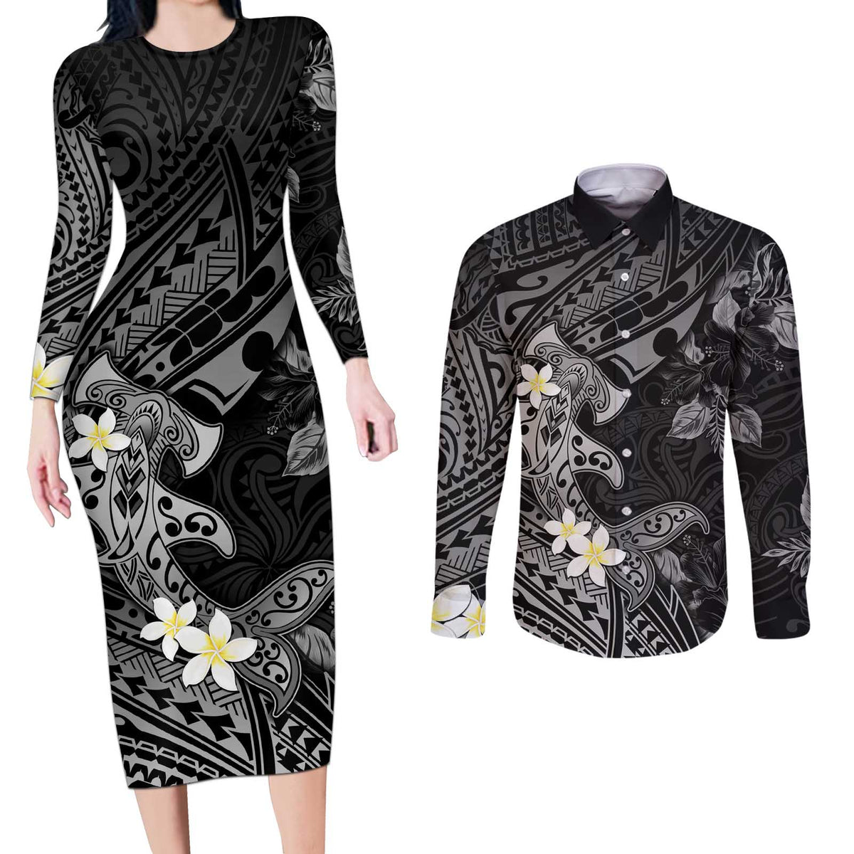 Polynesia Hammerhead Shark Couples Matching Long Sleeve Bodycon Dress and Long Sleeve Button Shirt Tropical Flowers Tribal Pattern Black LT05 Black - Polynesian Pride