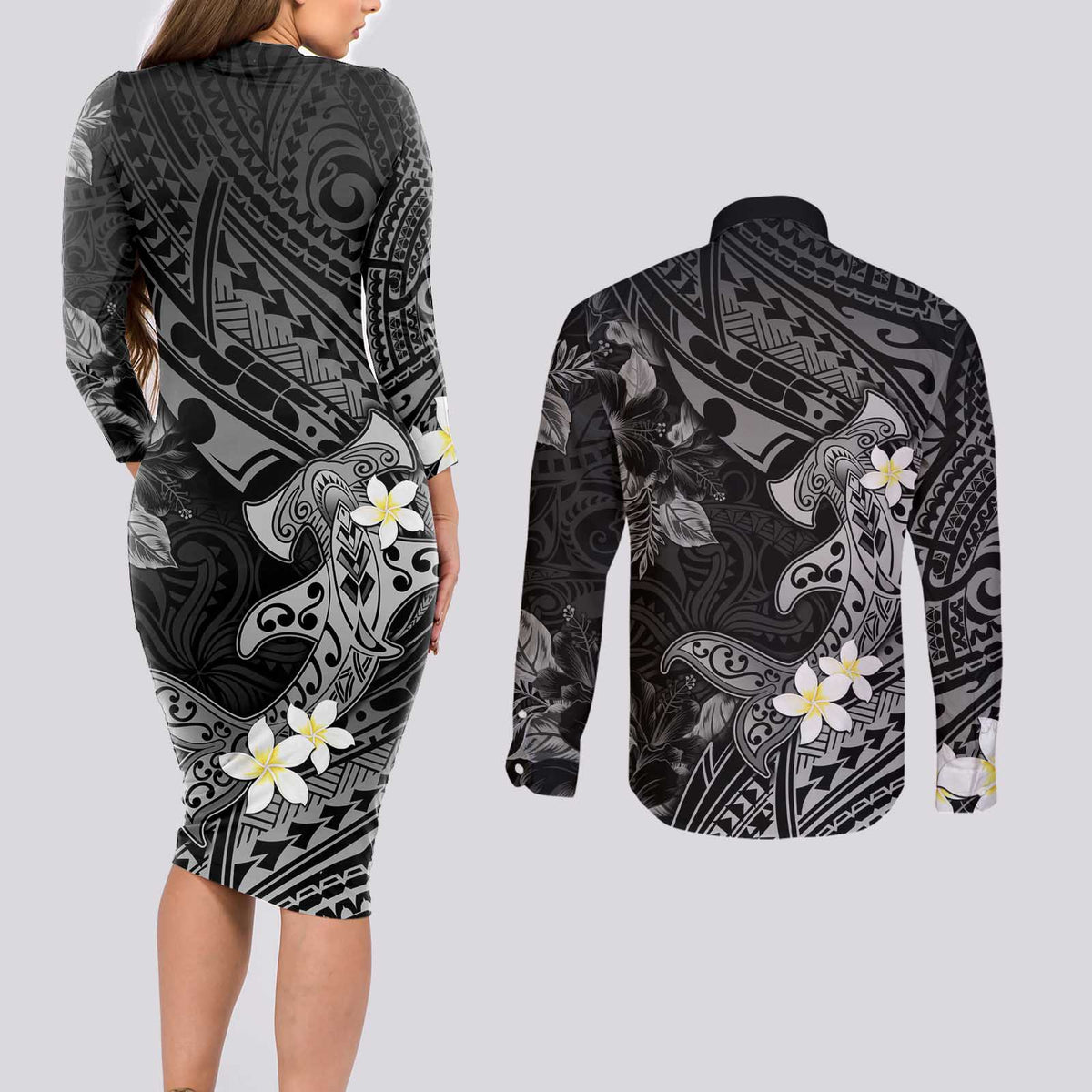 Polynesia Hammerhead Shark Couples Matching Long Sleeve Bodycon Dress and Long Sleeve Button Shirt Tropical Flowers Tribal Pattern Black LT05 - Polynesian Pride