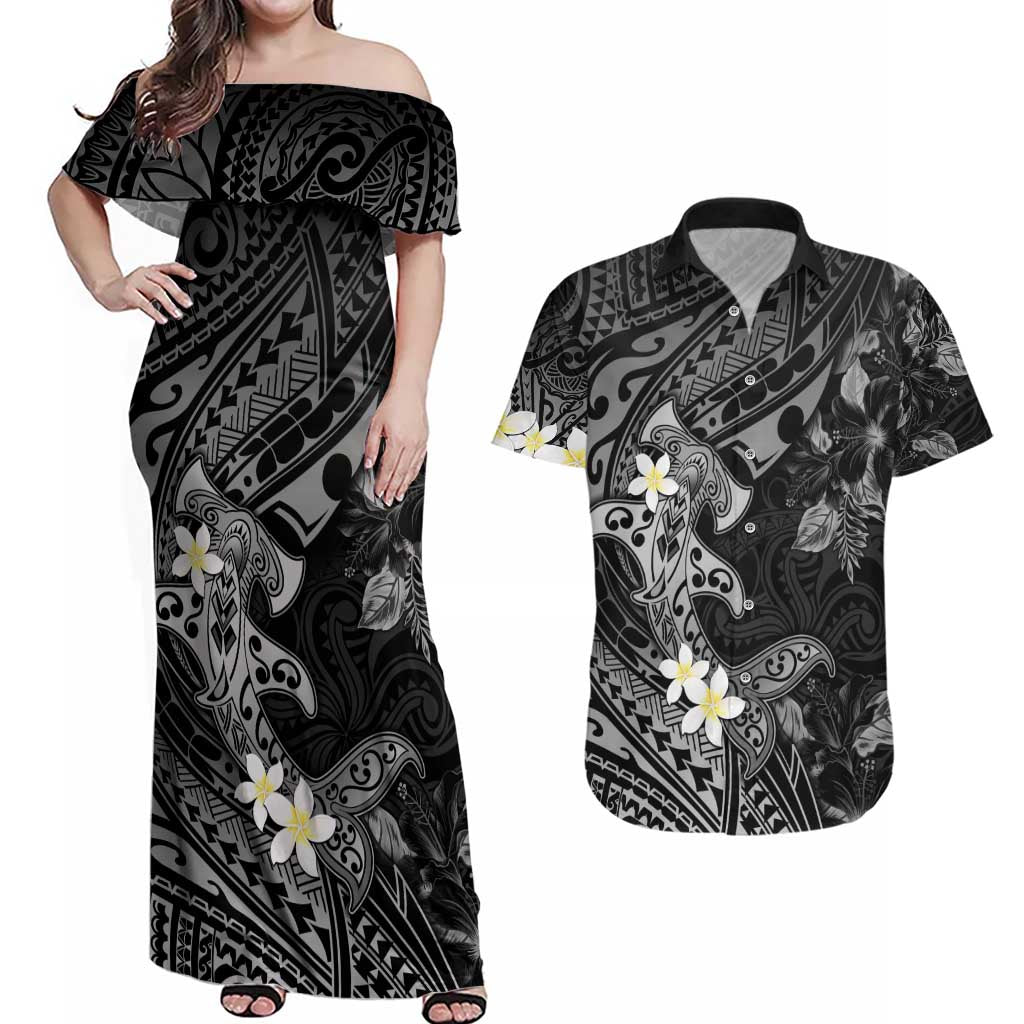 Polynesia Hammerhead Shark Couples Matching Off Shoulder Maxi Dress and Hawaiian Shirt Tropical Flowers Tribal Pattern Black