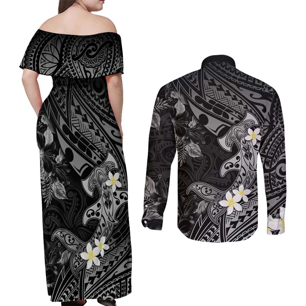 Polynesia Hammerhead Shark Couples Matching Off Shoulder Maxi Dress and Long Sleeve Button Shirt Tropical Flowers Tribal Pattern Black LT05 - Polynesian Pride