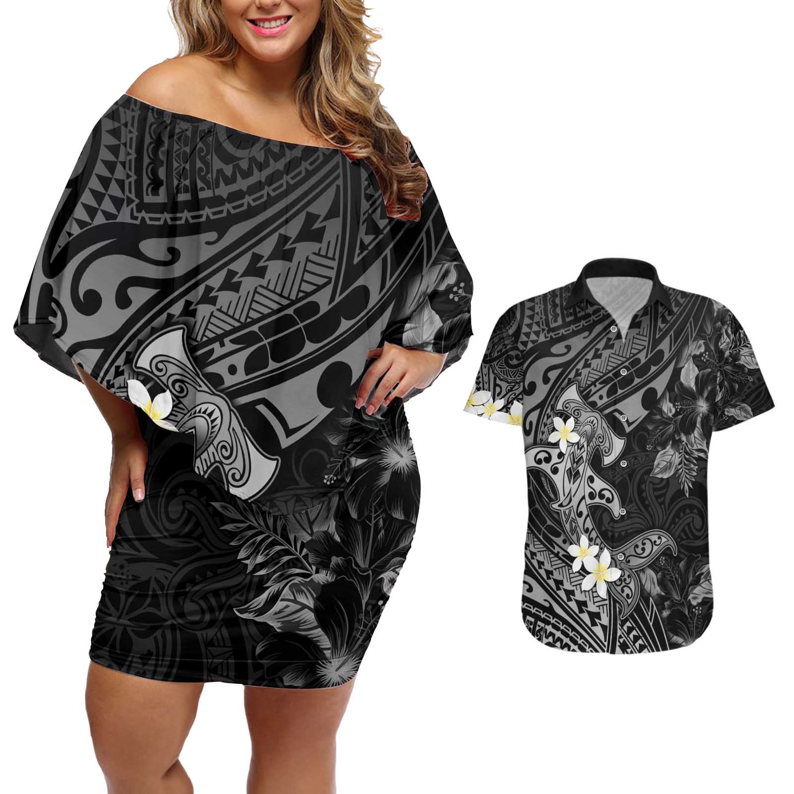 Polynesia Hammerhead Shark Couples Matching Off Shoulder Short Dress and Hawaiian Shirt Tropical Flowers Tribal Pattern Black LT05 Black - Polynesian Pride