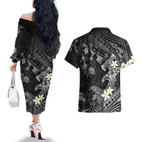 Polynesia Hammerhead Shark Couples Matching Off The Shoulder Long Sleeve Dress and Hawaiian Shirt Tropical Flowers Tribal Pattern Black LT05 - Polynesian Pride
