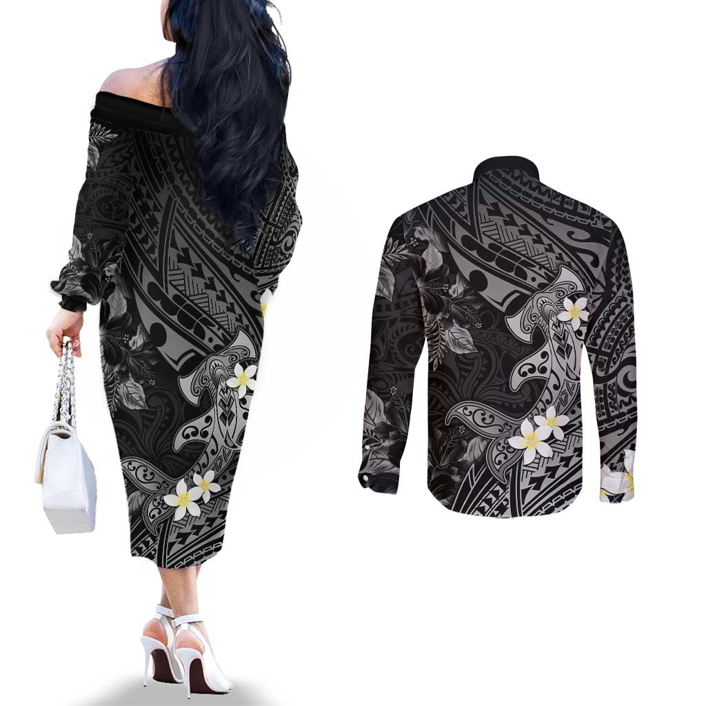 Polynesia Hammerhead Shark Couples Matching Off The Shoulder Long Sleeve Dress and Long Sleeve Button Shirt Tropical Flowers Tribal Pattern Black LT05 - Polynesian Pride