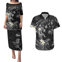 Polynesia Hammerhead Shark Couples Matching Puletasi and Hawaiian Shirt Tropical Flowers Tribal Pattern Black LT05 Black - Polynesian Pride