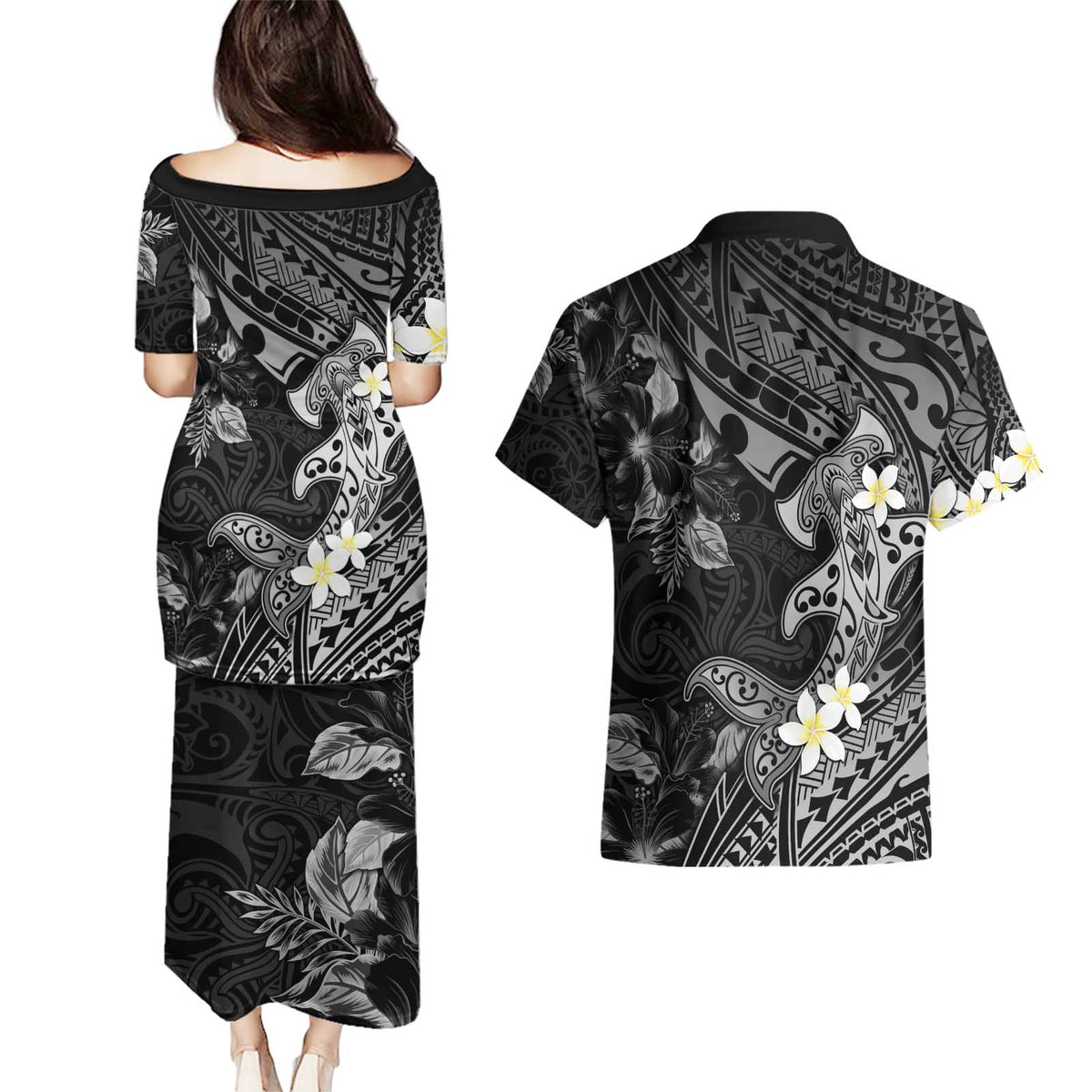 Polynesia Hammerhead Shark Couples Matching Puletasi and Hawaiian Shirt Tropical Flowers Tribal Pattern Black LT05 - Polynesian Pride