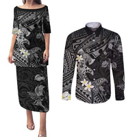 Polynesia Hammerhead Shark Couples Matching Puletasi and Long Sleeve Button Shirt Tropical Flowers Tribal Pattern Black LT05 Black - Polynesian Pride