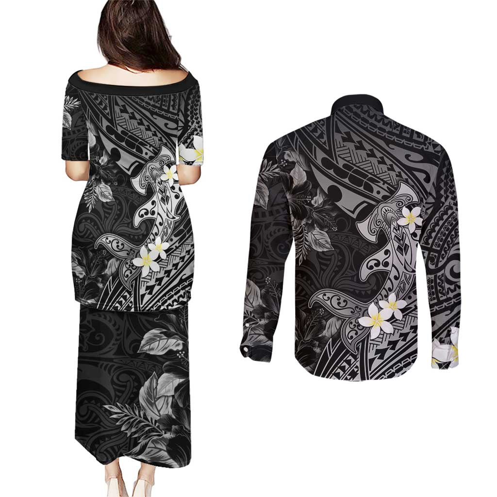 Polynesia Hammerhead Shark Couples Matching Puletasi and Long Sleeve Button Shirt Tropical Flowers Tribal Pattern Black LT05 - Polynesian Pride