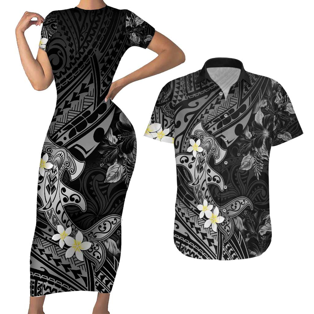 Polynesia Hammerhead Shark Couples Matching Short Sleeve Bodycon Dress and Hawaiian Shirt Tropical Flowers Tribal Pattern Black LT05 Black - Polynesian Pride
