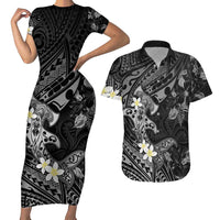 Polynesia Hammerhead Shark Couples Matching Short Sleeve Bodycon Dress and Hawaiian Shirt Tropical Flowers Tribal Pattern Black LT05 Black - Polynesian Pride