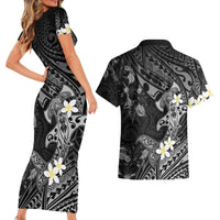 Polynesia Hammerhead Shark Couples Matching Short Sleeve Bodycon Dress and Hawaiian Shirt Tropical Flowers Tribal Pattern Black LT05 - Polynesian Pride