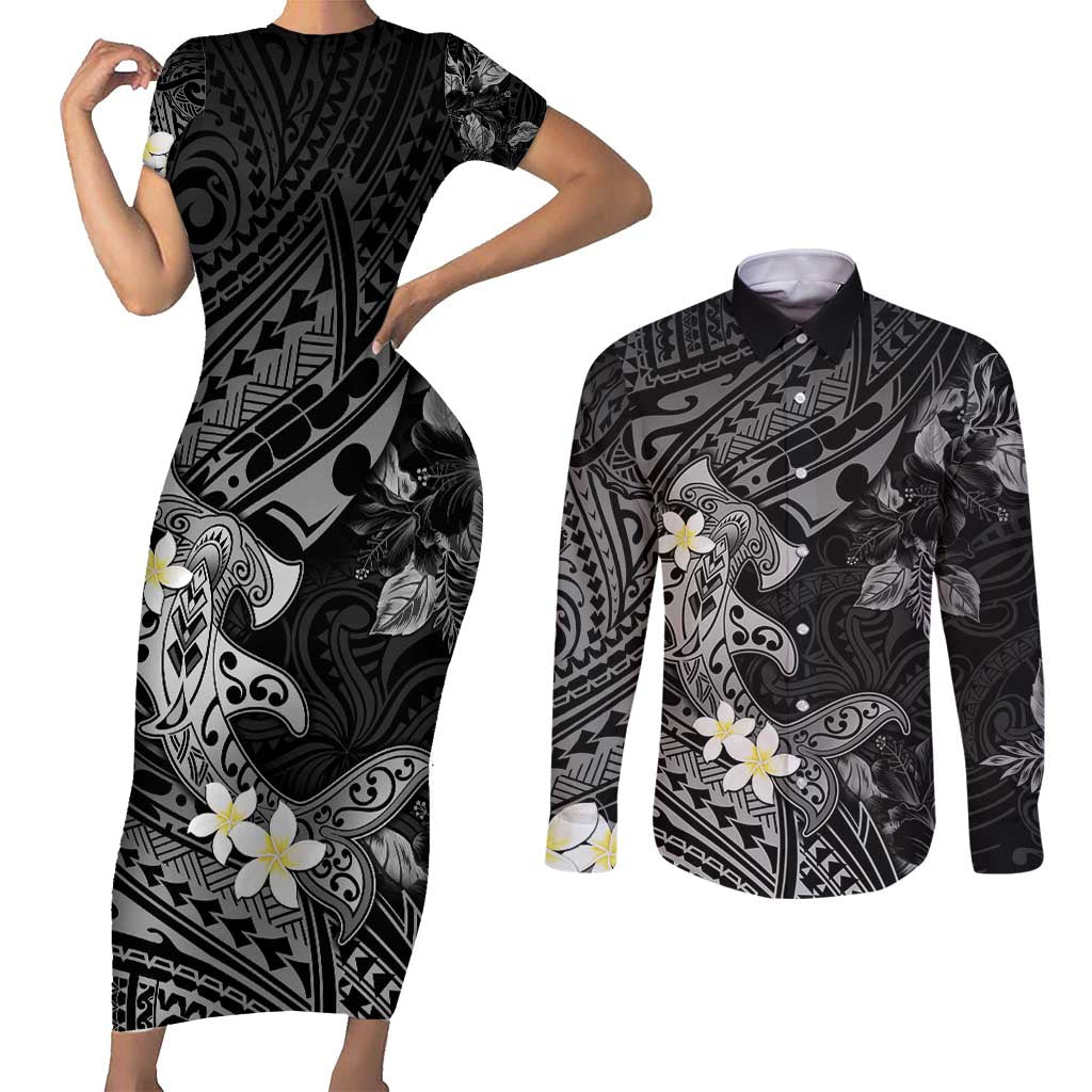 Polynesia Hammerhead Shark Couples Matching Short Sleeve Bodycon Dress and Long Sleeve Button Shirt Tropical Flowers Tribal Pattern Black LT05 Black - Polynesian Pride