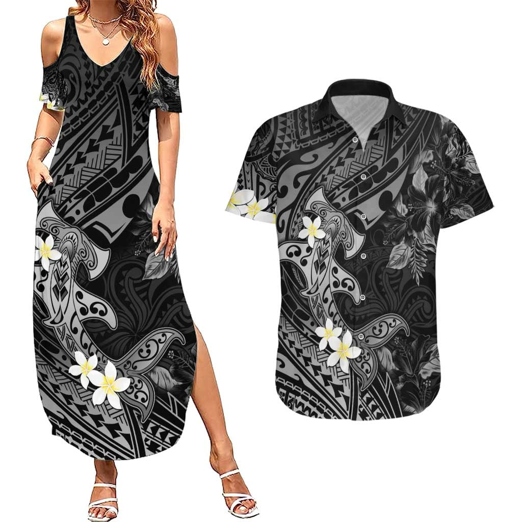 Polynesia Hammerhead Shark Couples Matching Summer Maxi Dress and Hawaiian Shirt Tropical Flowers Tribal Pattern Black LT05 Black - Polynesian Pride