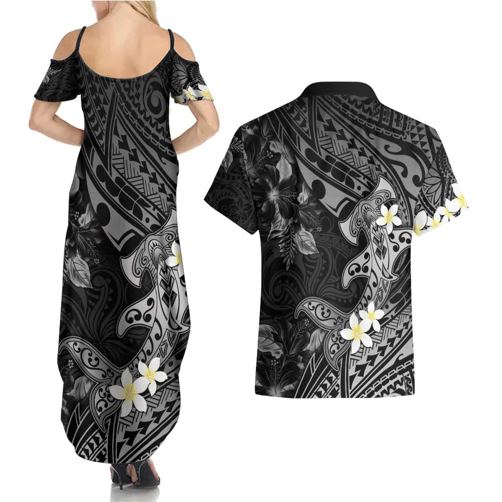 Polynesia Hammerhead Shark Couples Matching Summer Maxi Dress and Hawaiian Shirt Tropical Flowers Tribal Pattern Black LT05 - Polynesian Pride