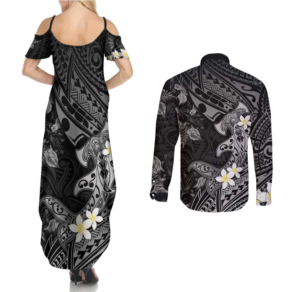 Polynesia Hammerhead Shark Couples Matching Summer Maxi Dress and Long Sleeve Button Shirt Tropical Flowers Tribal Pattern Black LT05 - Polynesian Pride