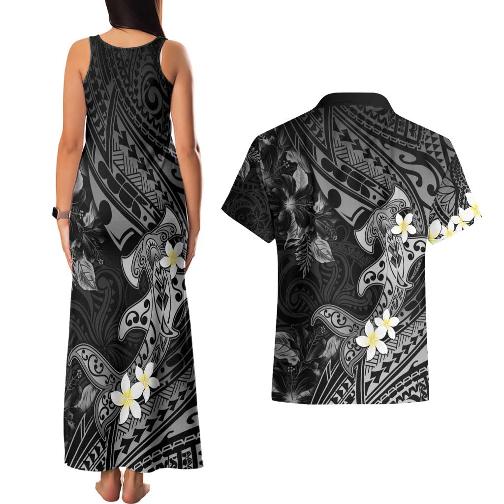 Polynesia Hammerhead Shark Couples Matching Tank Maxi Dress and Hawaiian Shirt Tropical Flowers Tribal Pattern Black LT05 - Polynesian Pride