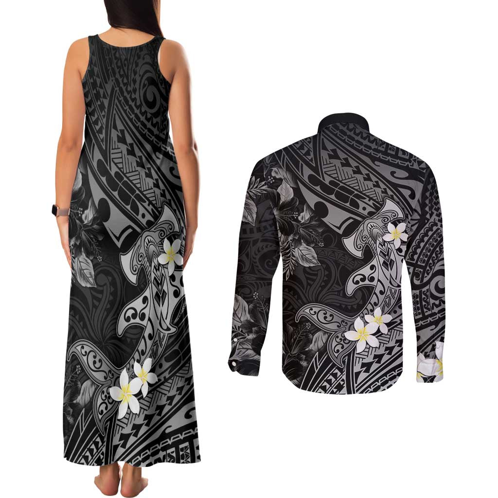 Polynesia Hammerhead Shark Couples Matching Tank Maxi Dress and Long Sleeve Button Shirt Tropical Flowers Tribal Pattern Black LT05 - Polynesian Pride