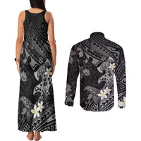 Polynesia Hammerhead Shark Couples Matching Tank Maxi Dress and Long Sleeve Button Shirt Tropical Flowers Tribal Pattern Black LT05 - Polynesian Pride