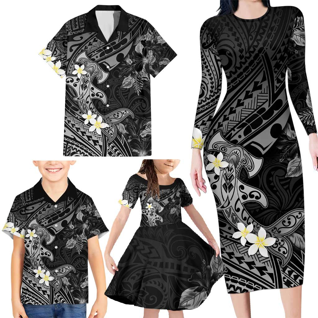 Polynesia Hammerhead Shark Family Matching Long Sleeve Bodycon Dress and Hawaiian Shirt Tropical Flowers Tribal Pattern Black